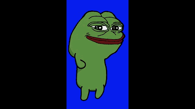 a green frog with a red mouth is standing on a blue background and smiling .