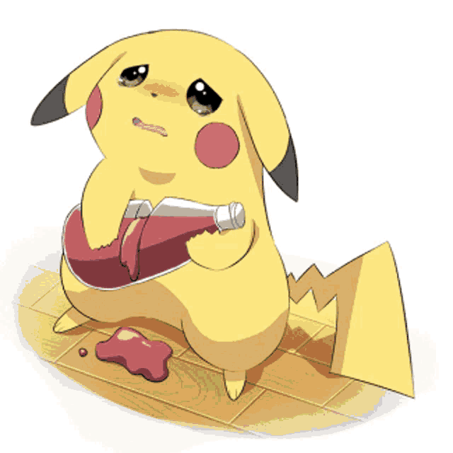a drawing of a pikachu holding a bottle with red liquid pouring out of it