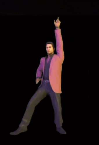 a man in a purple jacket and black pants is dancing with his arms outstretched