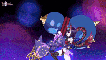 a cartoon of a woman holding a giant balloon with the words fate grand order on the bottom right