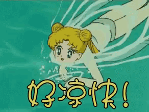 a cartoon of a girl swimming in the water with chinese writing