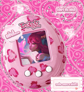 a pink tamagotchi with a picture of a woman on it