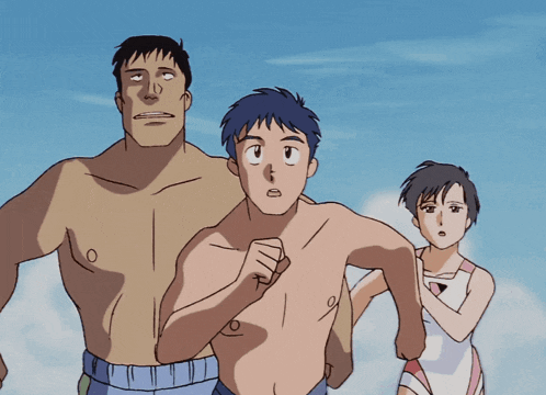 a group of cartoon characters including a shirtless man and a woman are running on a beach