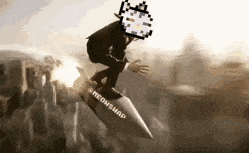 a man in a suit is riding a rocket that says meohswap