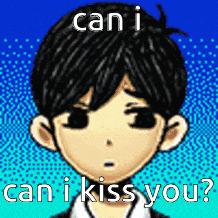 a pixel art of a boy with the words can i kiss you on it