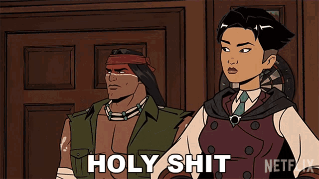 a cartoon shows a man and a woman standing next to each other and the woman says holy shit