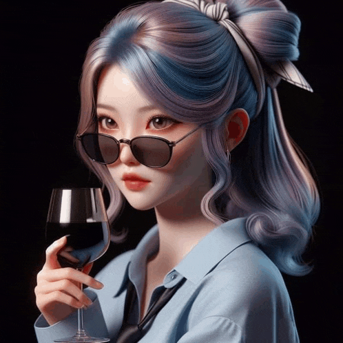 a girl with blue hair wearing sunglasses holds a glass of wine