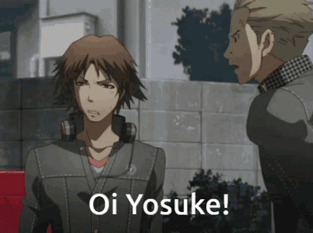 two anime characters standing next to each other with the words oi yosuke on the bottom right