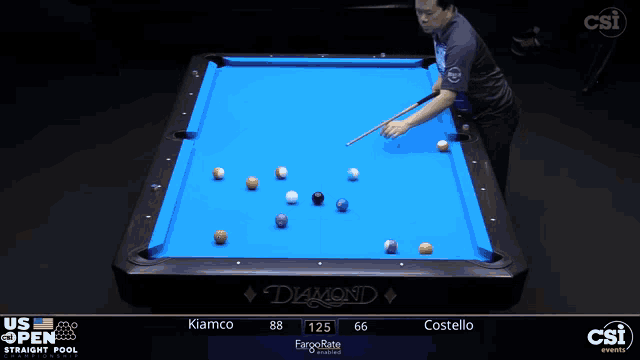 a pool table with a blue cloth that says diamond