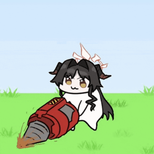 a cartoon drawing of a girl laying on the grass with a drill in her hand