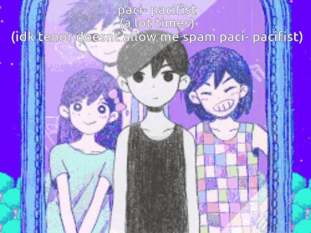 a group of anime characters are standing in front of a mirror with the words paci pacifist a lot times on the bottom