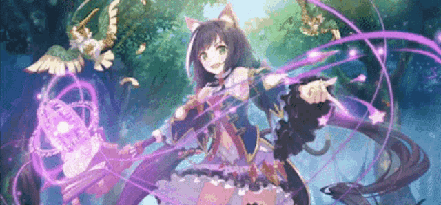 a girl in a cat costume is holding a purple wand in a forest .