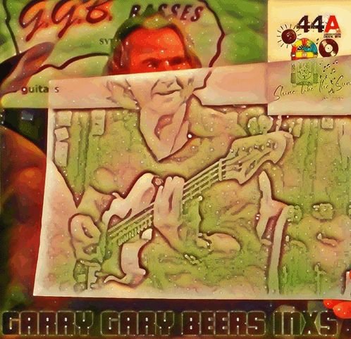 a painting of a man playing a guitar with the words garry gary beers mixs below it