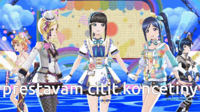 a group of anime girls are standing on a stage with the words prestavam citit koncetiny written below them