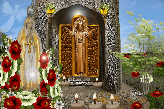a statue of jesus is surrounded by flowers and lit candles