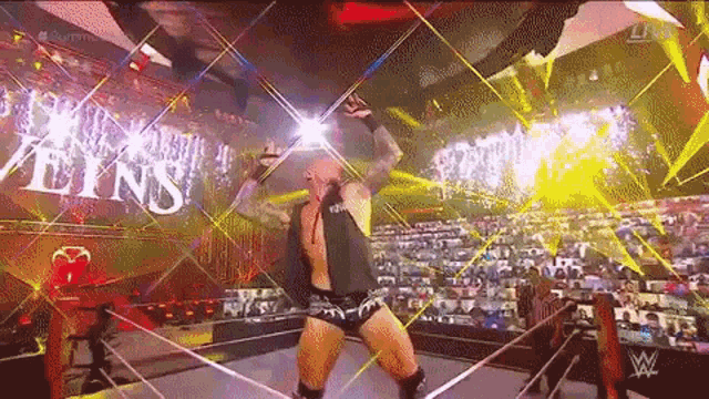 a wrestler is standing in a ring with his arms outstretched in front of a crowd of people .