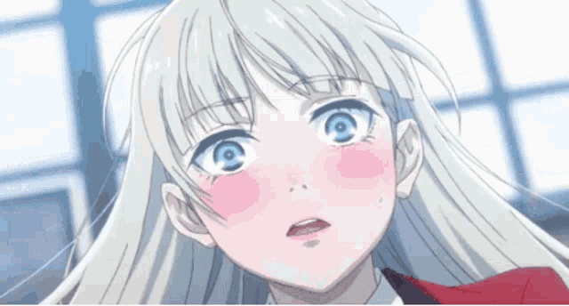 a close up of a blonde anime girl with blue eyes and a red jacket .