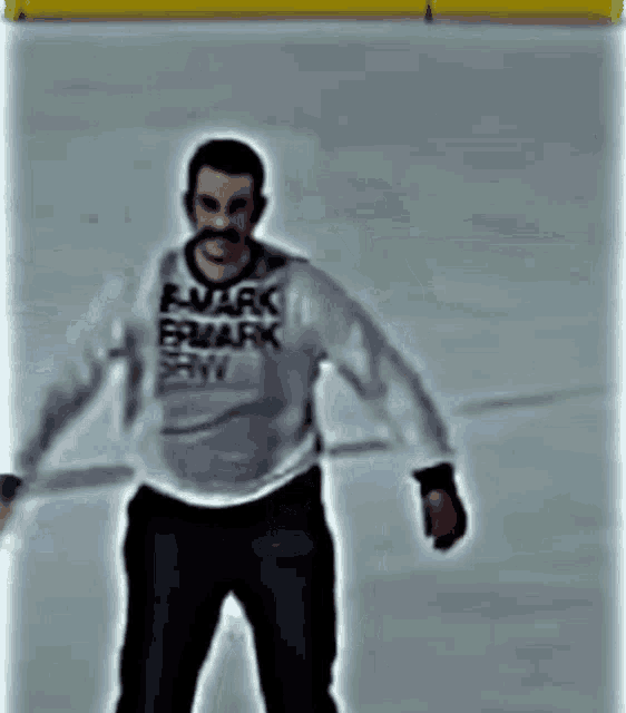 a man wearing a sweater that says e.v.r.k. e.v.r.k. say it