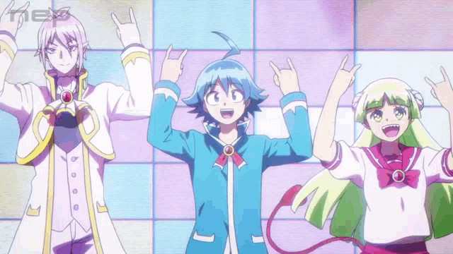 a group of anime characters with their arms in the air