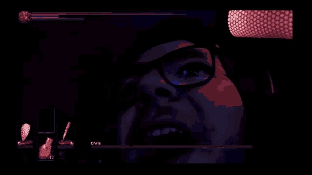 a man wearing glasses is playing a video game with the name chris at the bottom