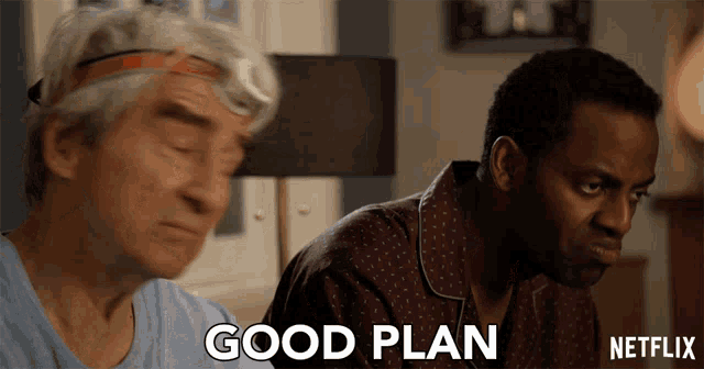 an advertisement for netflix shows two men looking at something