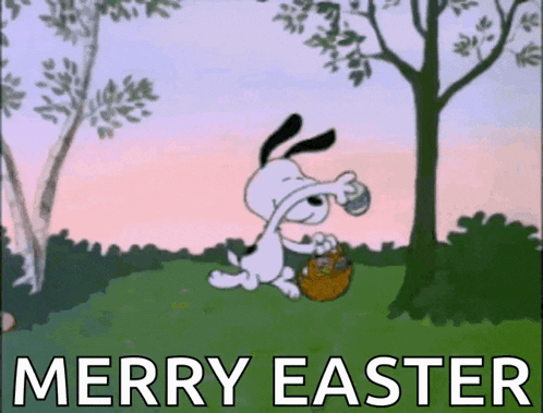 a cartoon of snoopy holding a basket with the words merry easter