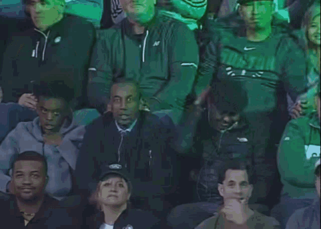 a group of people in a stadium wearing boston sweatshirts