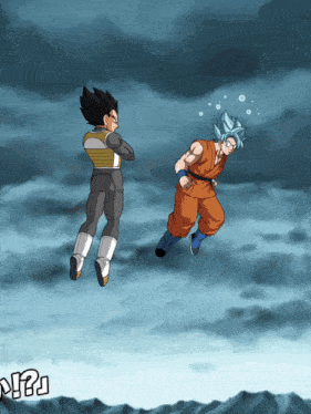 a cartoon of vegeta and goku flying in the sky