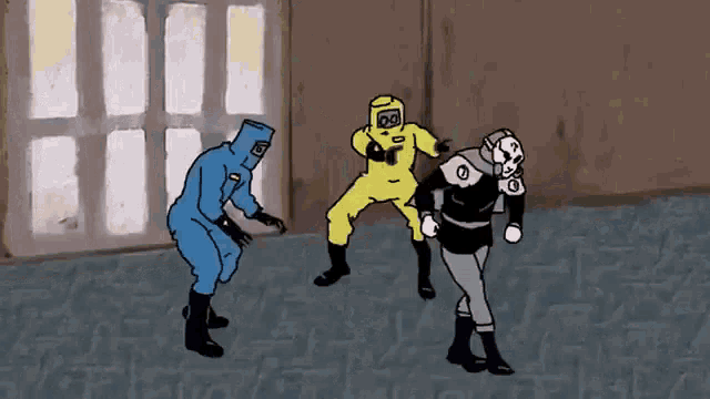 a cartoon drawing of a man in a yellow and blue suit