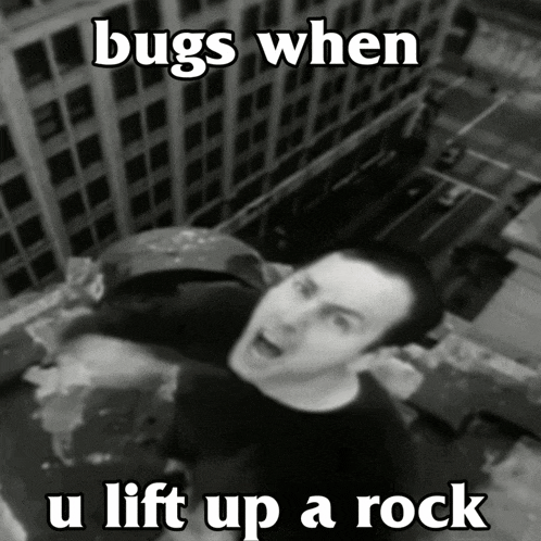 a black and white photo of a man on top of a building with the caption bugs when u lift up a rock