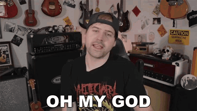 a man says oh my god in front of guitars