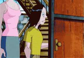 a woman in a pink tank top and a girl in a yellow shirt are standing in front of a door