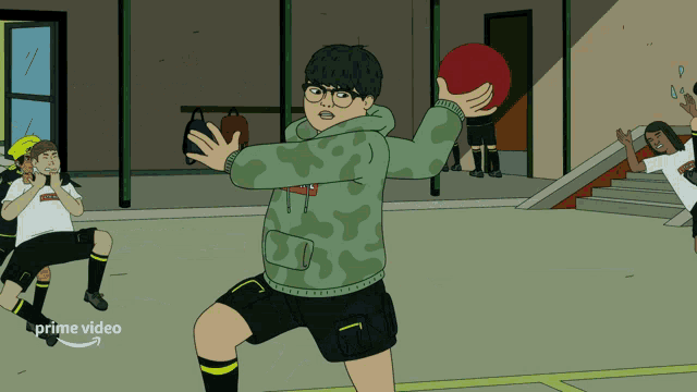 a cartoon of a boy throwing a ball with the words prime video on the bottom right
