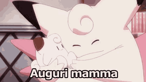 a cartoon character is holding a baby and says auguri mamma