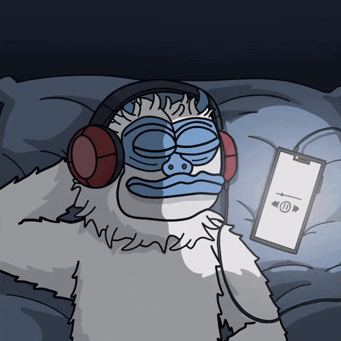 a cartoon yeti wearing headphones and listening to music