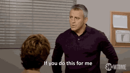 a man in a purple shirt is talking to a woman and says if you do this for me .