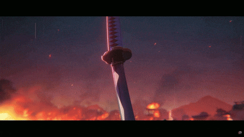 a sword is being held up in front of a burning city