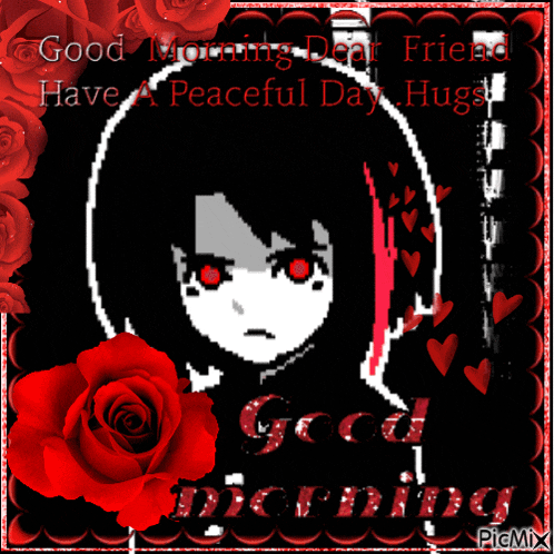 a picture of a girl with red eyes and red roses says good morning dear friend