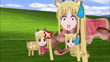 a cartoon of a girl in a deer costume with a drop of sweat on her face