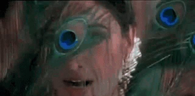 a close up of a woman 's face with a peacock feather in her eye .