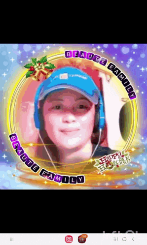 a woman wearing headphones and a blue hat is in a circle with the words beaute family on it