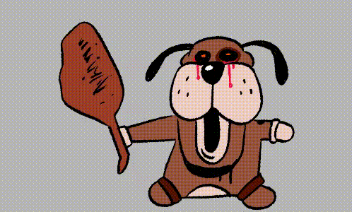 a cartoon dog with blood coming out of its nose is holding a large stick