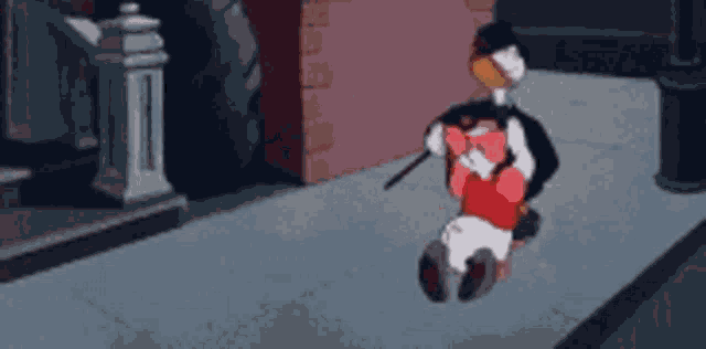 a cartoon of donald duck and daisy duck standing on the sidewalk .