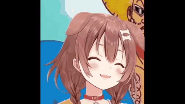 a close up of a girl with brown hair and a dog ear on her head .