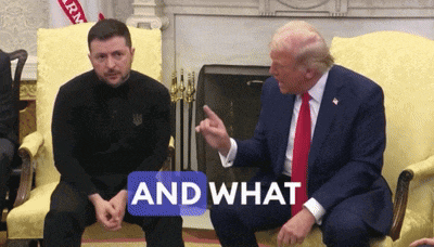 a man in a suit and tie sits next to a man in a black shirt with the words and what on the bottom