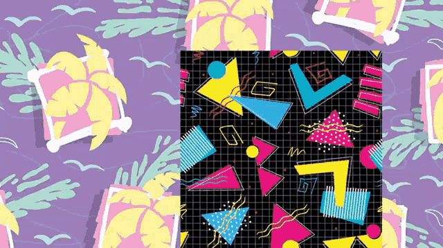 a purple background with a pattern of geometric shapes and birds
