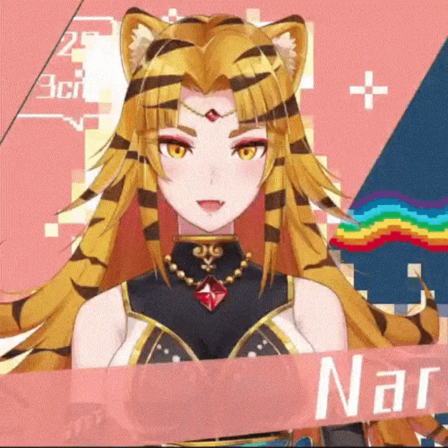 a girl with a tiger 's head and ears is wearing a necklace and a black top .
