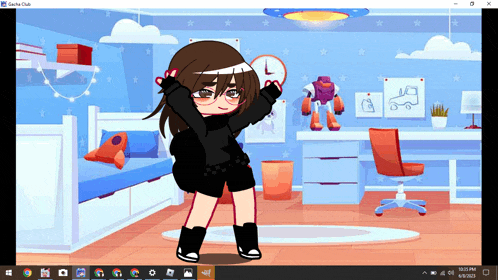 a girl is standing in a room with a clock on the wall and a gacha club app open