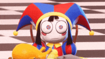 a cartoon character wearing a colorful jester hat with big eyes