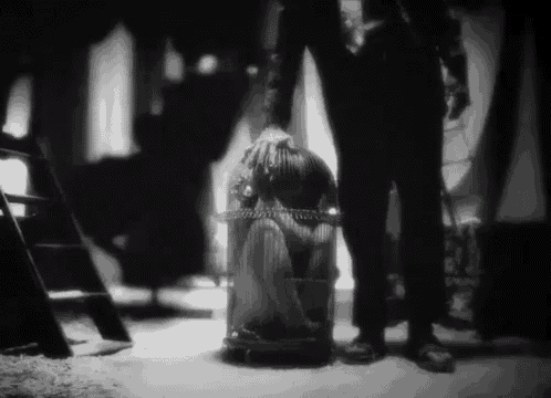 a woman is sitting in a cage with a man standing behind her .